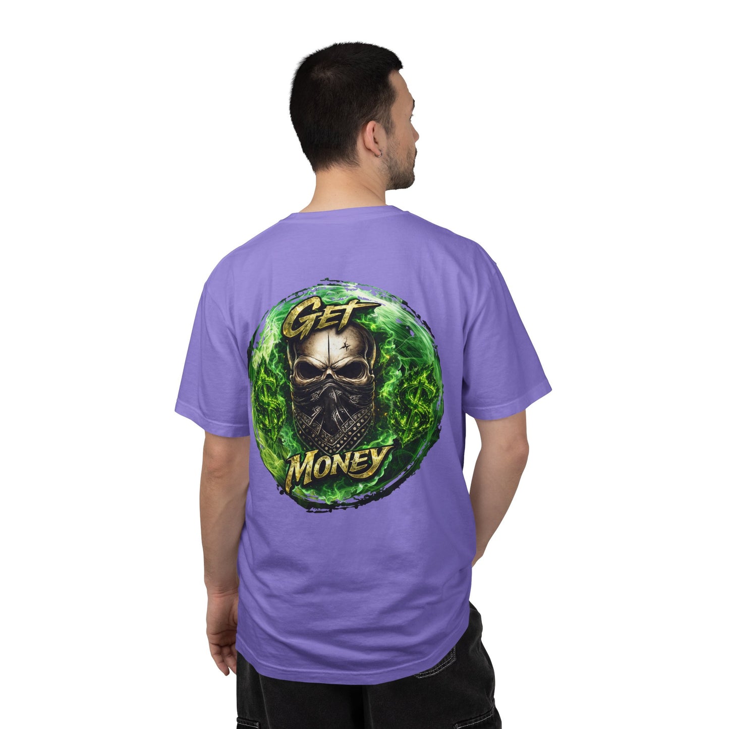 Get Money Skull Graphic Tee – Green Flame Dollar Sign Hustle Streetwear Shirt