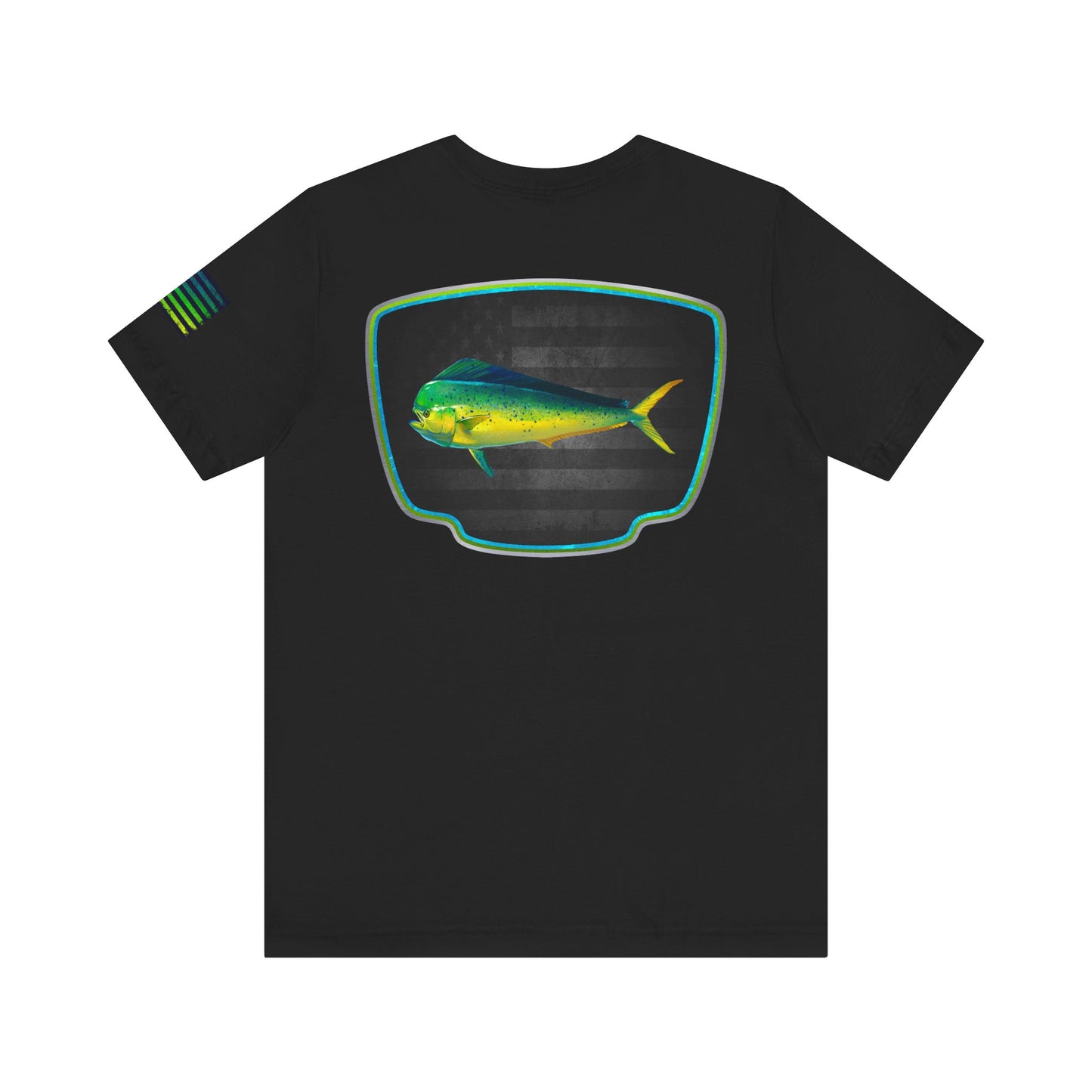 Mahi Mahi Badge Tee with Blackout Flag – Patriotic Saltwater Fishing Shirt