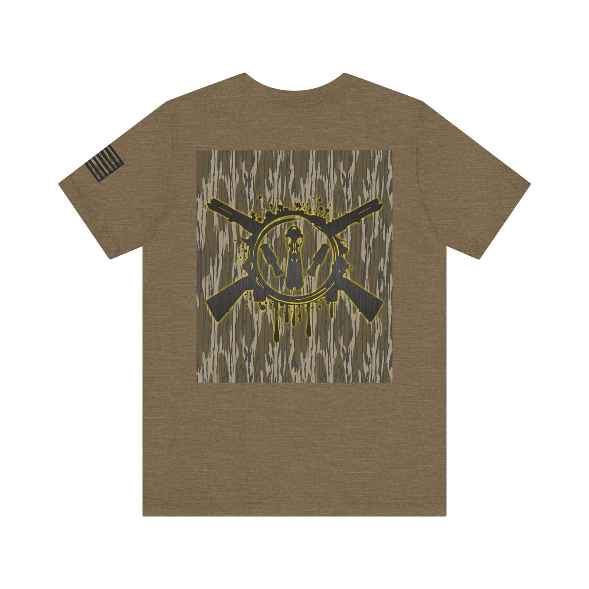 Duck Hunting Badge T-Shirt – Mossy Camo Print, Crossed Guns & Duck Skull Graphic
