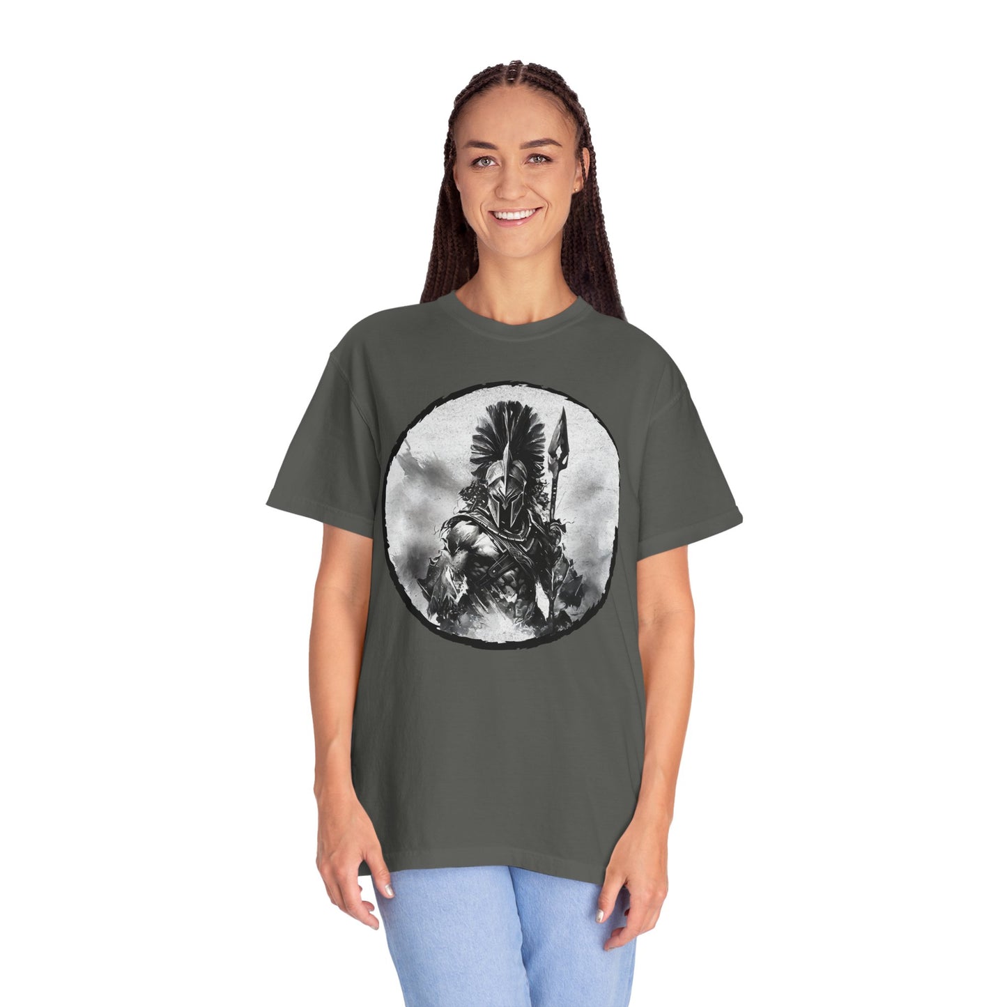 Spartan Warrior T-Shirt – Greek Helmet Circle Design Front & Spear Back | Warrior Graphic Tee