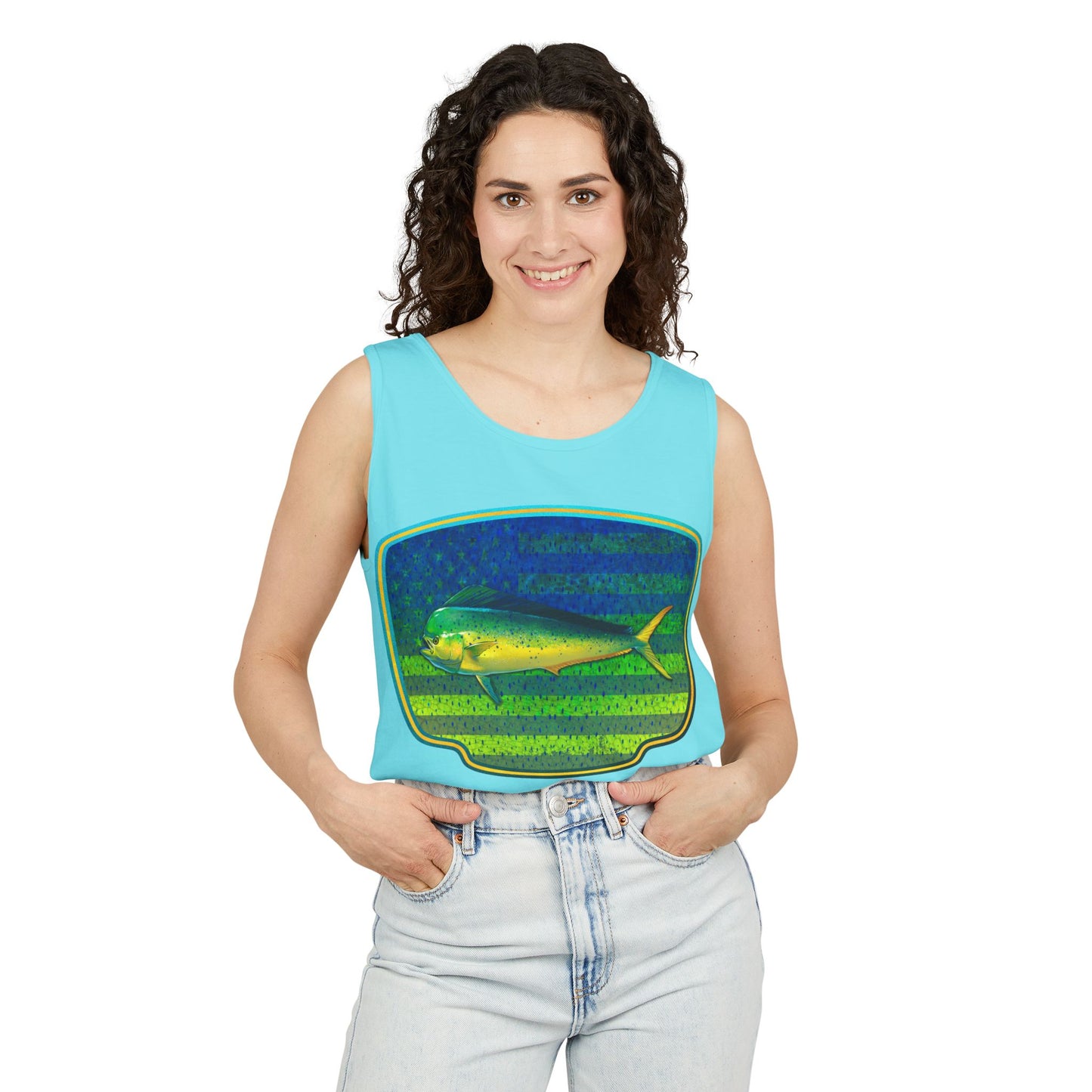 American Mahi Mahi Graphic Tank Top, Summer Apparel, Outdoors Shirt, Fishing Gear, Beachwear, Gifts for Anglers