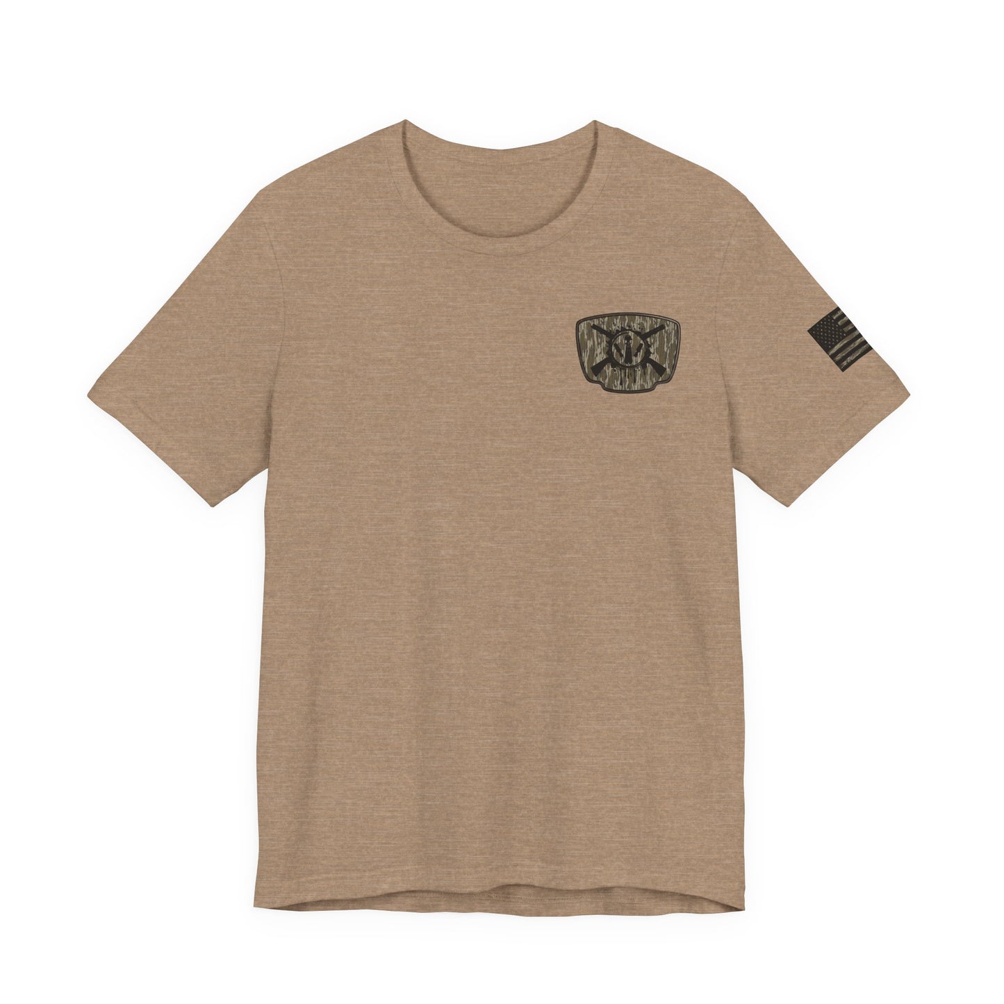 Duck Hunting Badge T-Shirt – Mossy Camo Print, Crossed Guns & Duck Skull Graphic