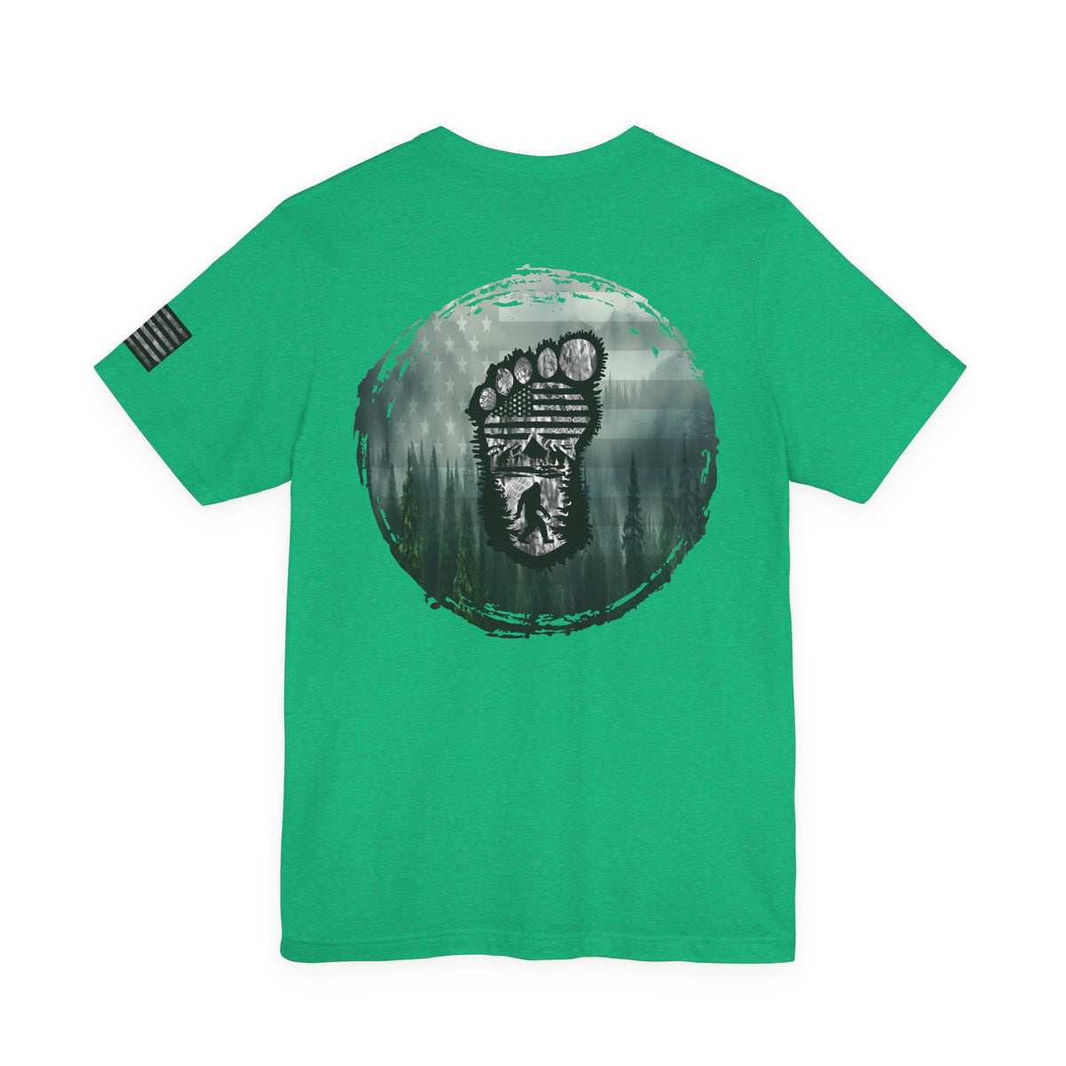 Bigfoot American Flag Camo Tee, Sasquatch Patriotic Shirt, Unisex Graphic Tee, Outdoor Adventure Top, Men's Women's Tee