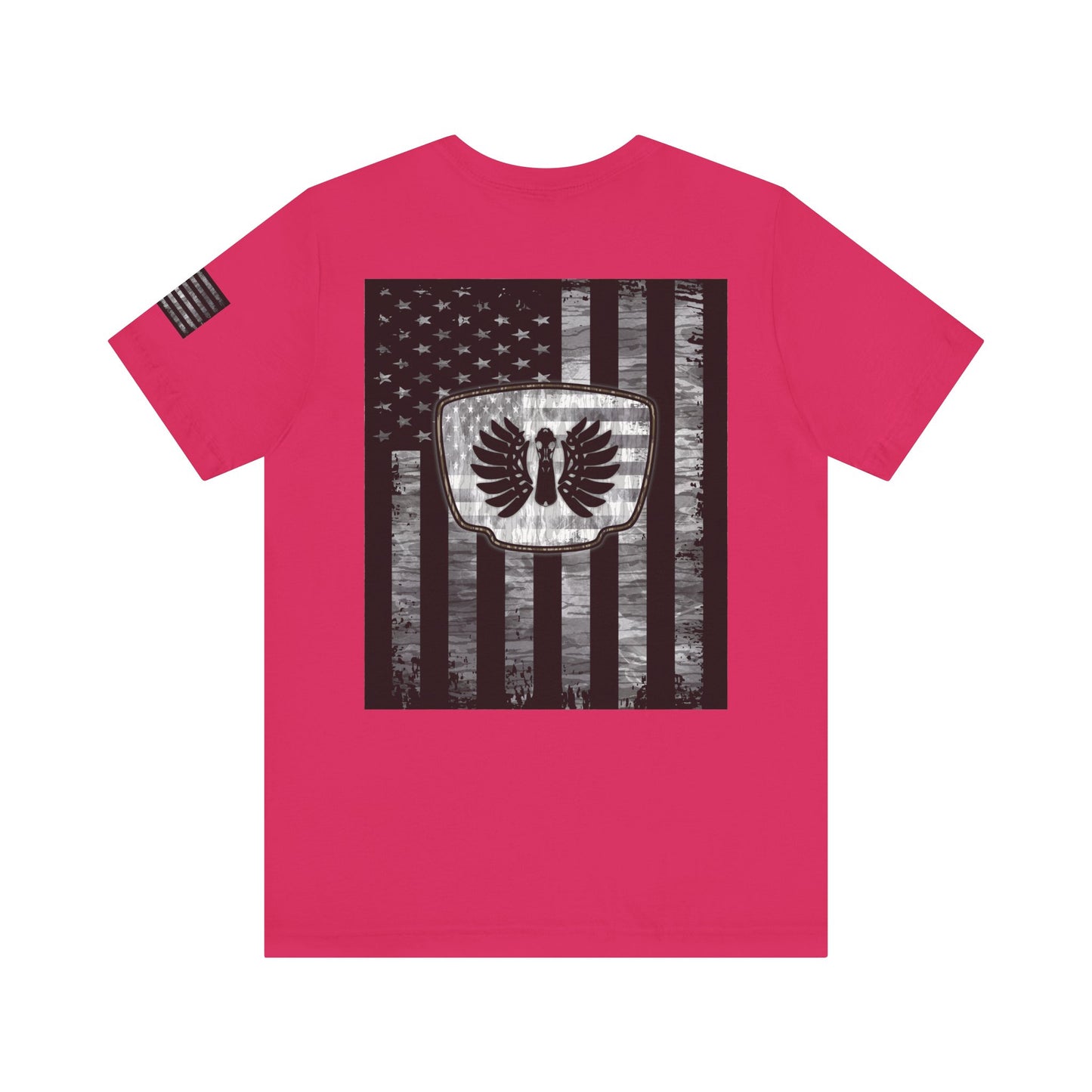 Duck Hunting American Flag Badge T-Shirt – Mossy Camo Print, Crossed Guns & Duck Skull Graphic