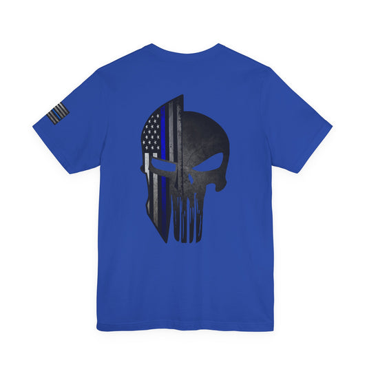 Grunge Stone Spartan Thin Blue Line American Flag T-Shirt – Honor & Valor Police Tribute Tee
