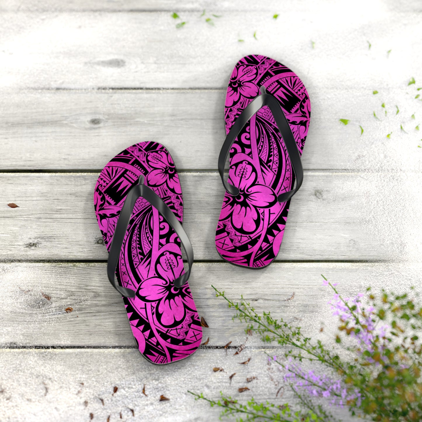 Polynesian Pink Flip Flops - Boho Beach Footwear, Summer Sandals, Vacation Shoes, Hibiscus Print, Gift for Her