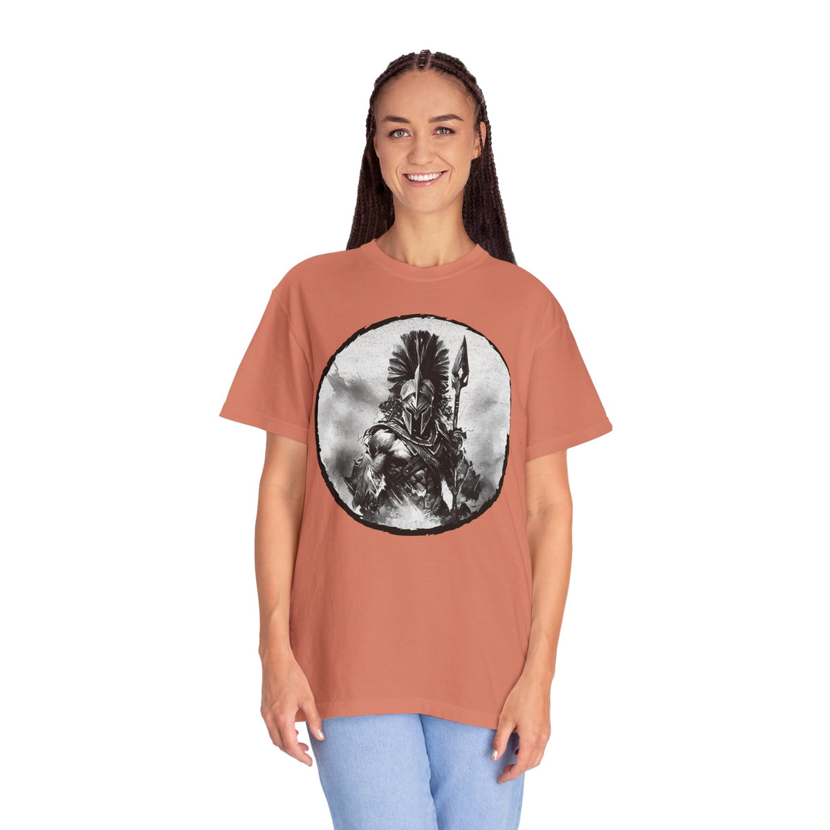 Spartan Warrior T-Shirt – Greek Helmet Circle Design Front & Spear Back | Warrior Graphic Tee