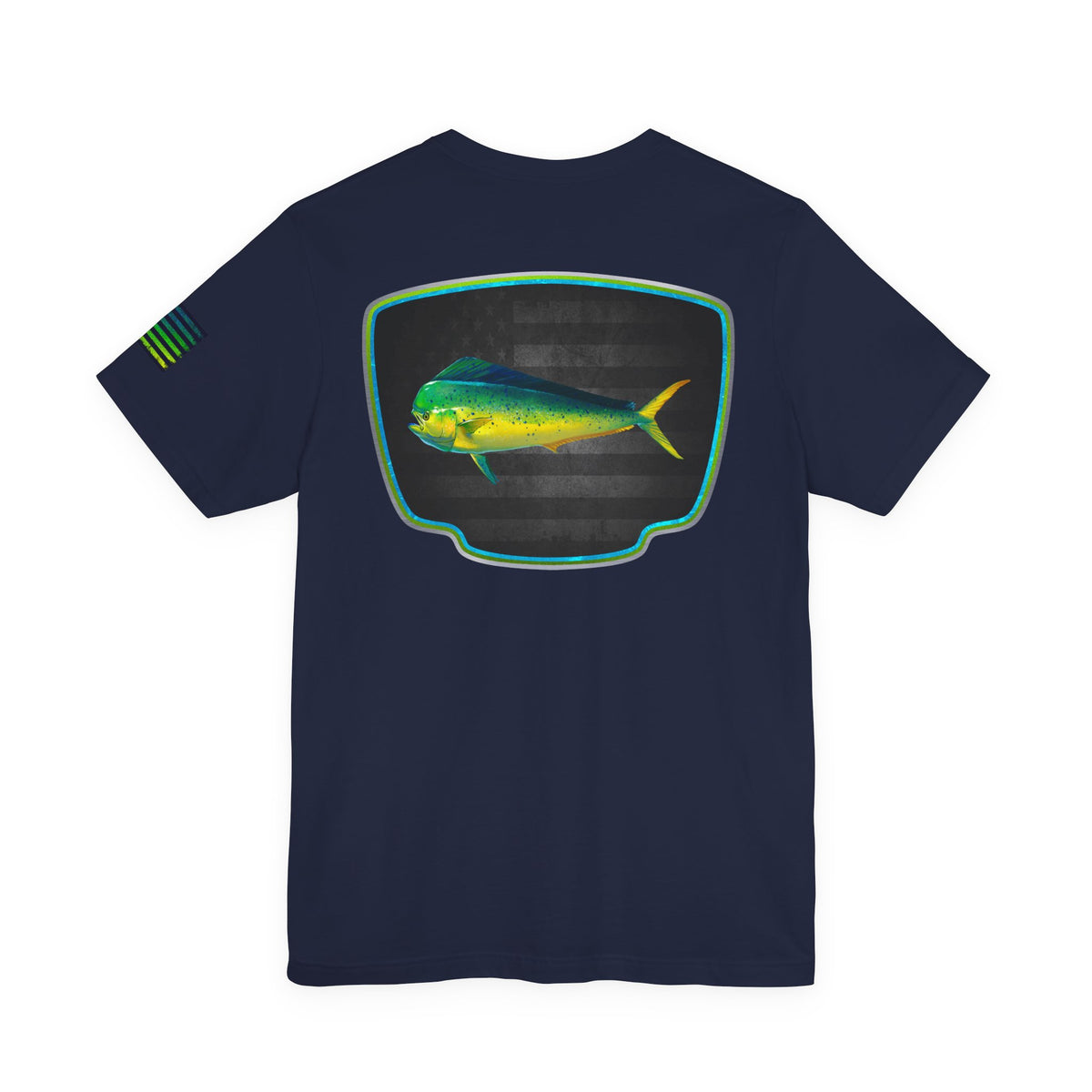 Mahi Mahi Badge Tee with Blackout Flag – Patriotic Saltwater Fishing Shirt