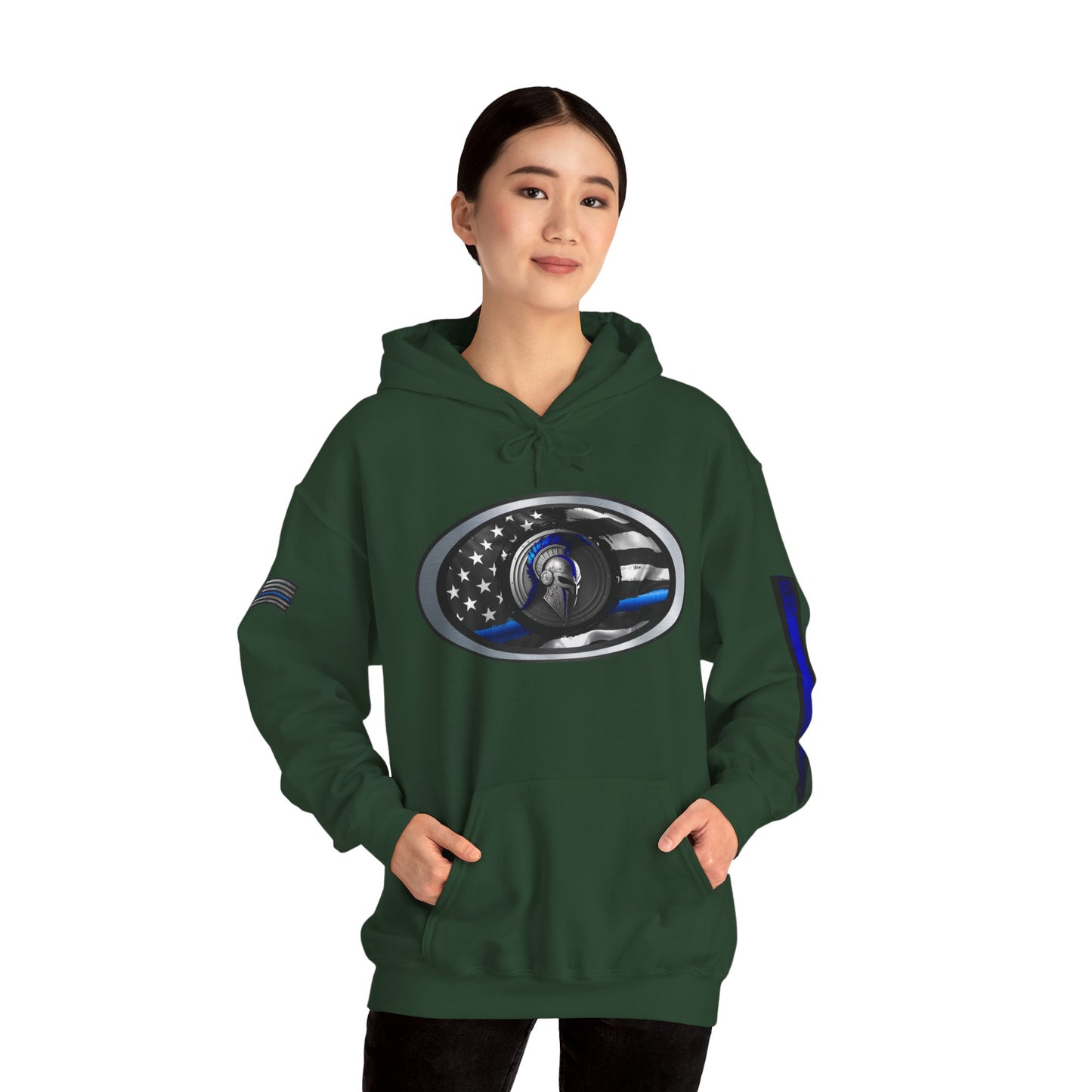 Spartan Thin Blue Line Flag Hoodie – Warrior Helmet Patriotic Sweatshirt for Police Supporters