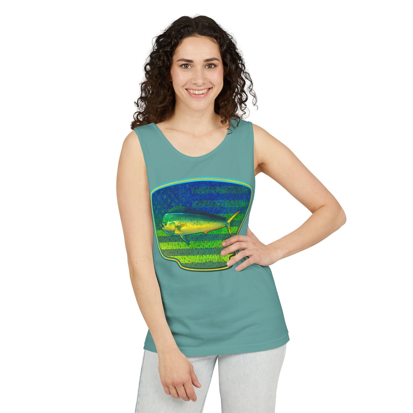 American Mahi Mahi Graphic Tank Top, Summer Apparel, Outdoors Shirt, Fishing Gear, Beachwear, Gifts for Anglers