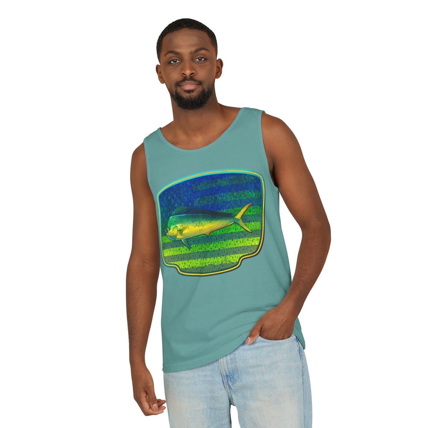 American Mahi Mahi Graphic Tank Top, Summer Apparel, Outdoors Shirt, Fishing Gear, Beachwear, Gifts for Anglers