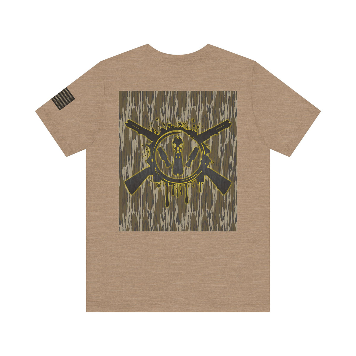 Duck Hunting Badge T-Shirt – Mossy Camo Print, Crossed Guns & Duck Skull Graphic
