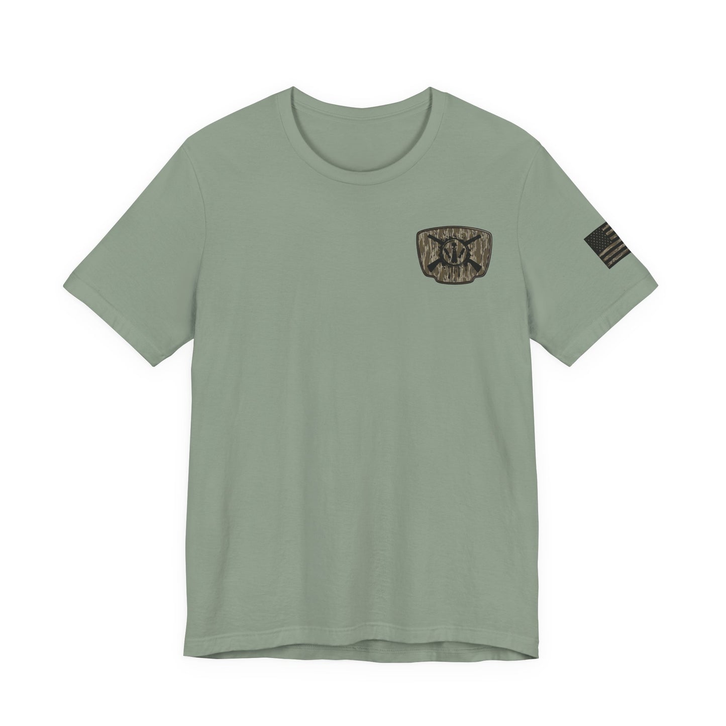 Duck Hunting Badge T-Shirt – Mossy Camo Print, Crossed Guns & Duck Skull Graphic