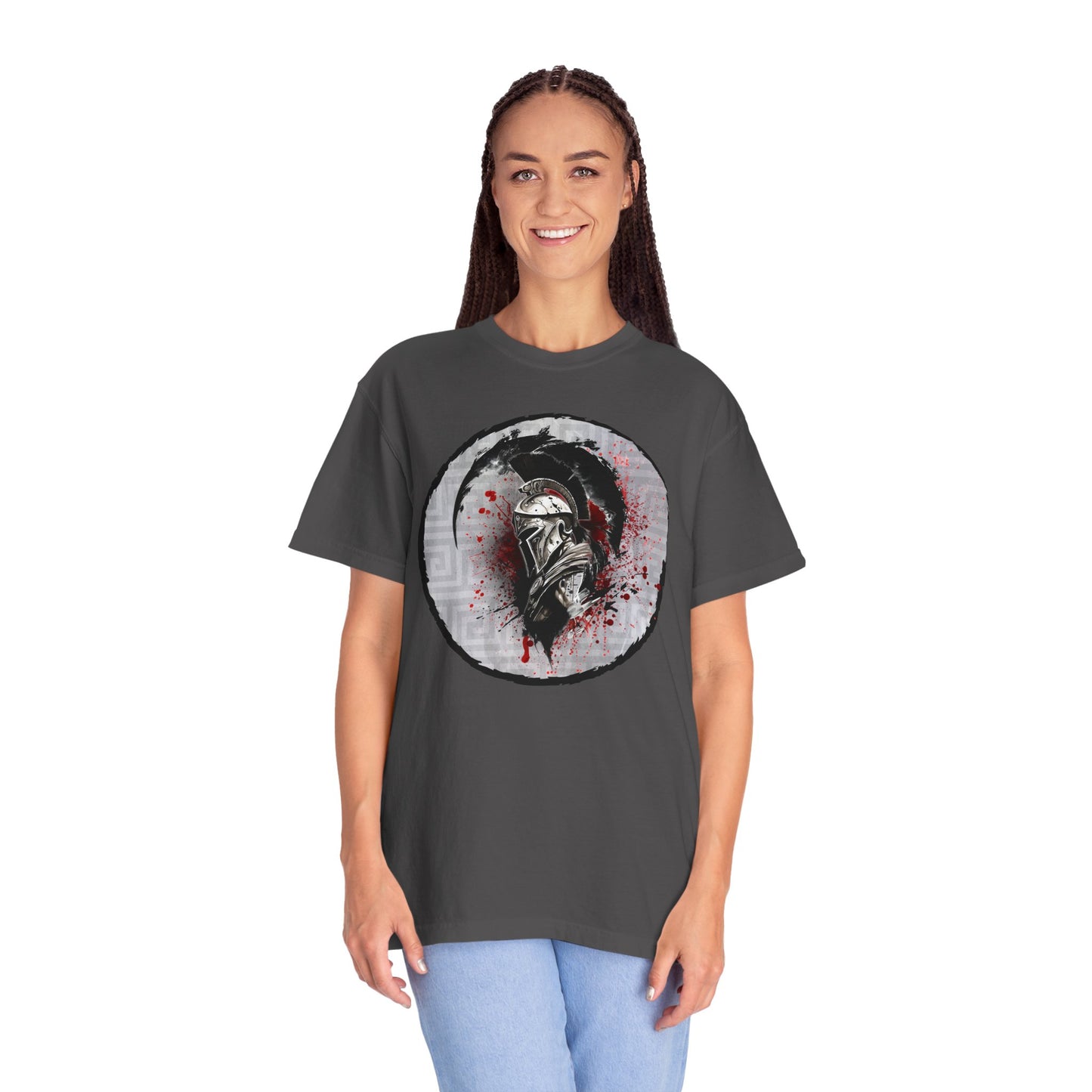 Spartan Warrior T-Shirt – Greek Helmet Circle Design Front & Spear Back | Warrior Graphic Tee