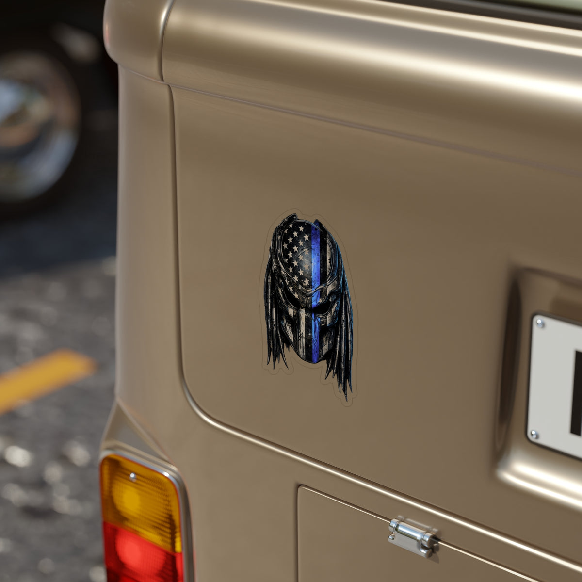 Thin Blue Line Predator Mask Sticker | American Flag Hunter Helmet Decal | Police Support Sci-Fi Inspired Art | Transparent Vinyl Sticker