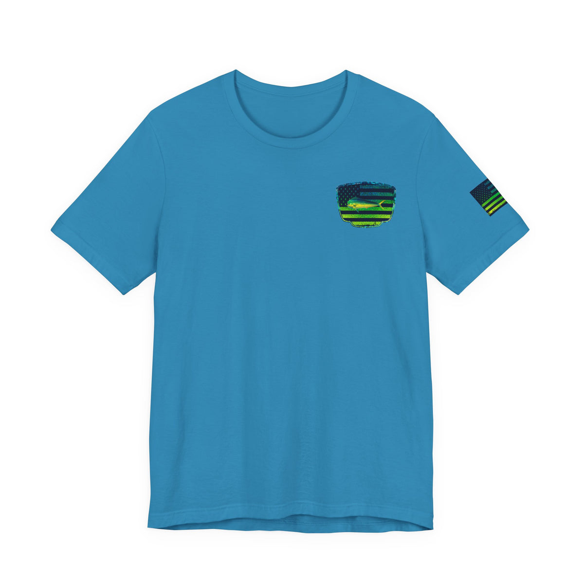 Patriotic Mahi Mahi Flag Tee – Grunge Fishing Badge Shirt for Outdoor Lovers