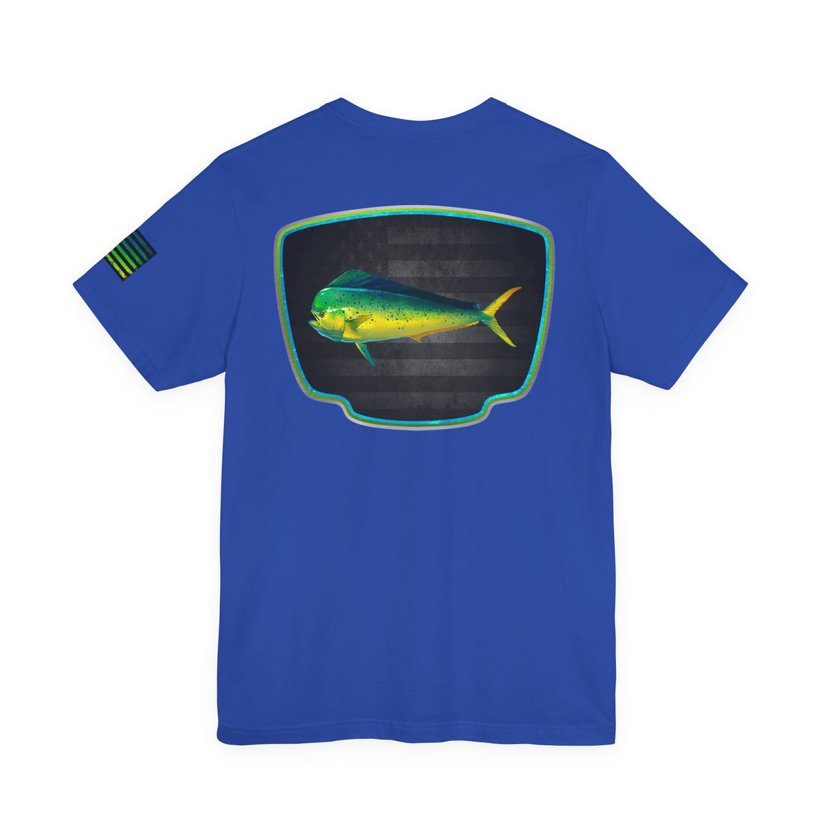Mahi Mahi Badge Tee with Blackout Flag – Patriotic Saltwater Fishing Shirt