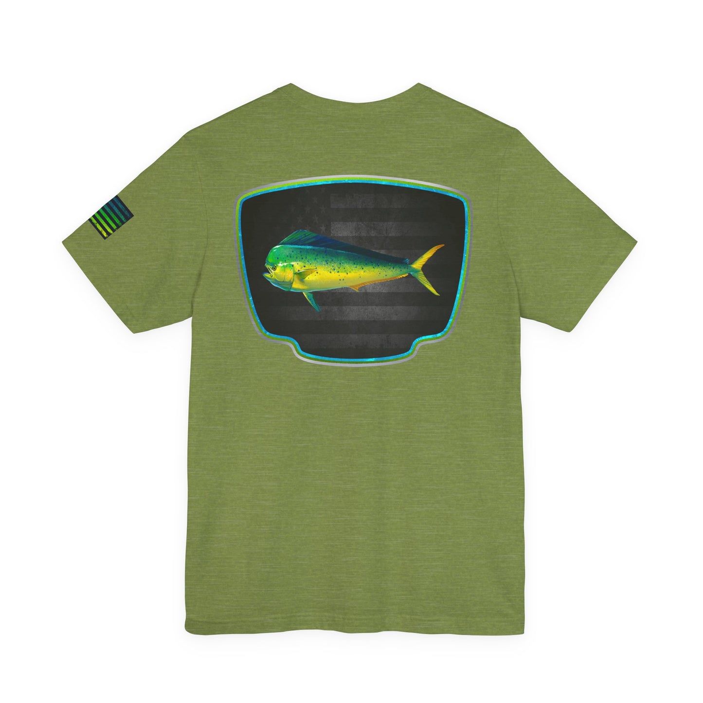 Mahi Mahi Badge Tee with Blackout Flag – Patriotic Saltwater Fishing Shirt