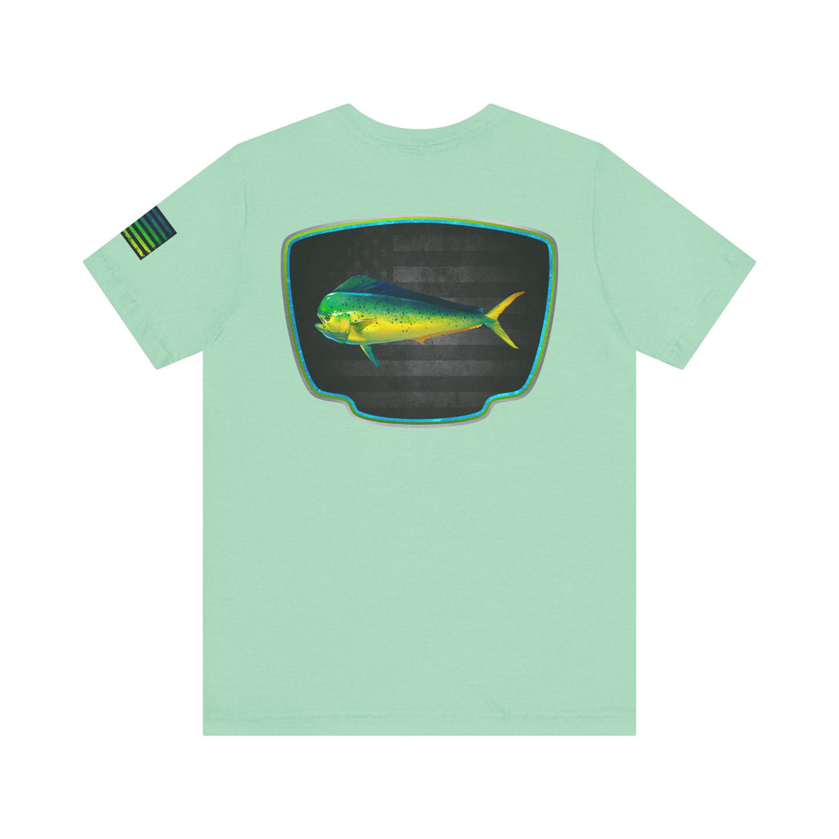 Mahi Mahi Badge Tee with Blackout Flag – Patriotic Saltwater Fishing Shirt