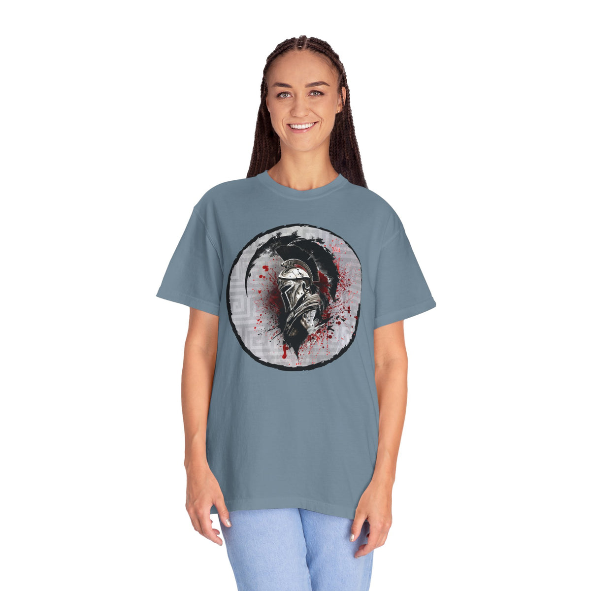Spartan Warrior T-Shirt – Greek Helmet Circle Design Front & Spear Back | Warrior Graphic Tee