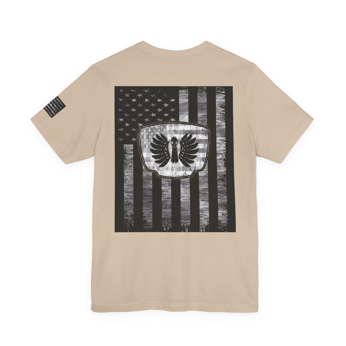 Duck Hunting American Flag Badge T-Shirt – Mossy Camo Print, Crossed Guns & Duck Skull Graphic