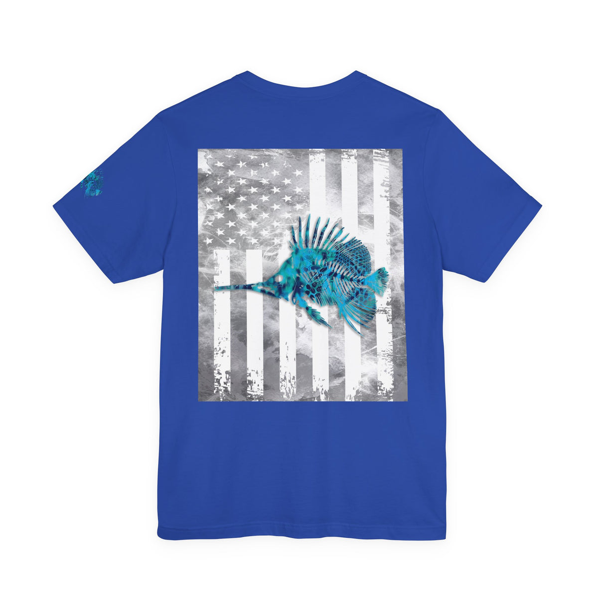 Fish Skeleton Grunge American Flag Tee, Patriotic Fishing Shirt, Vintage USA Bones, Fourth of July Apparel,