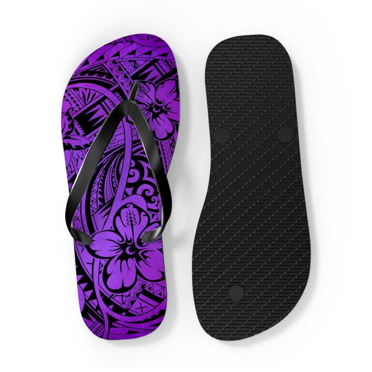 Polynesian Purple Floral Flip Flops, Summer Sandals, Beach Footwear, Vacation Essentials, Casual Footwear