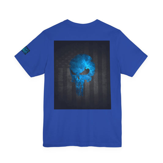 Blue Grunge Punisher Skull – Neon Grunge Vigilante Graphic for Shirts, Decals & Prints