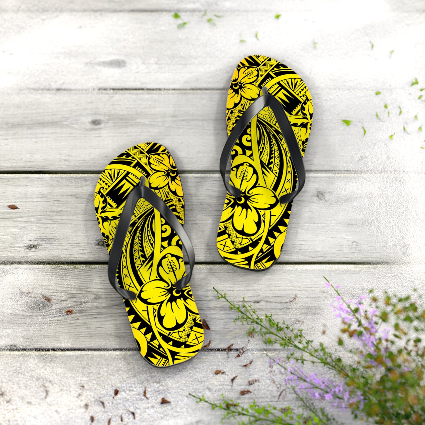 Polynesian Yellow Flip Flops, Summer Beach Sandals, Tropical Vacation Footwear, Gift for Her, Bohemian Style Footwear