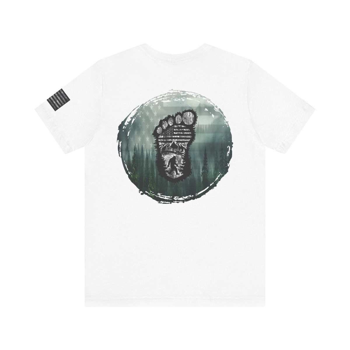 Bigfoot American Flag Camo Tee, Sasquatch Patriotic Shirt, Unisex Graphic Tee, Outdoor Adventure Top, Men's Women's Tee