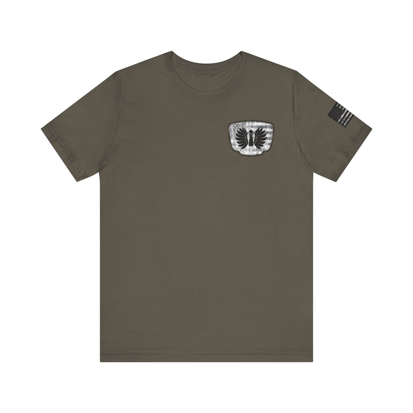 Duck Hunting American Flag Badge T-Shirt – Mossy Camo Print, Crossed Guns & Duck Skull Graphic