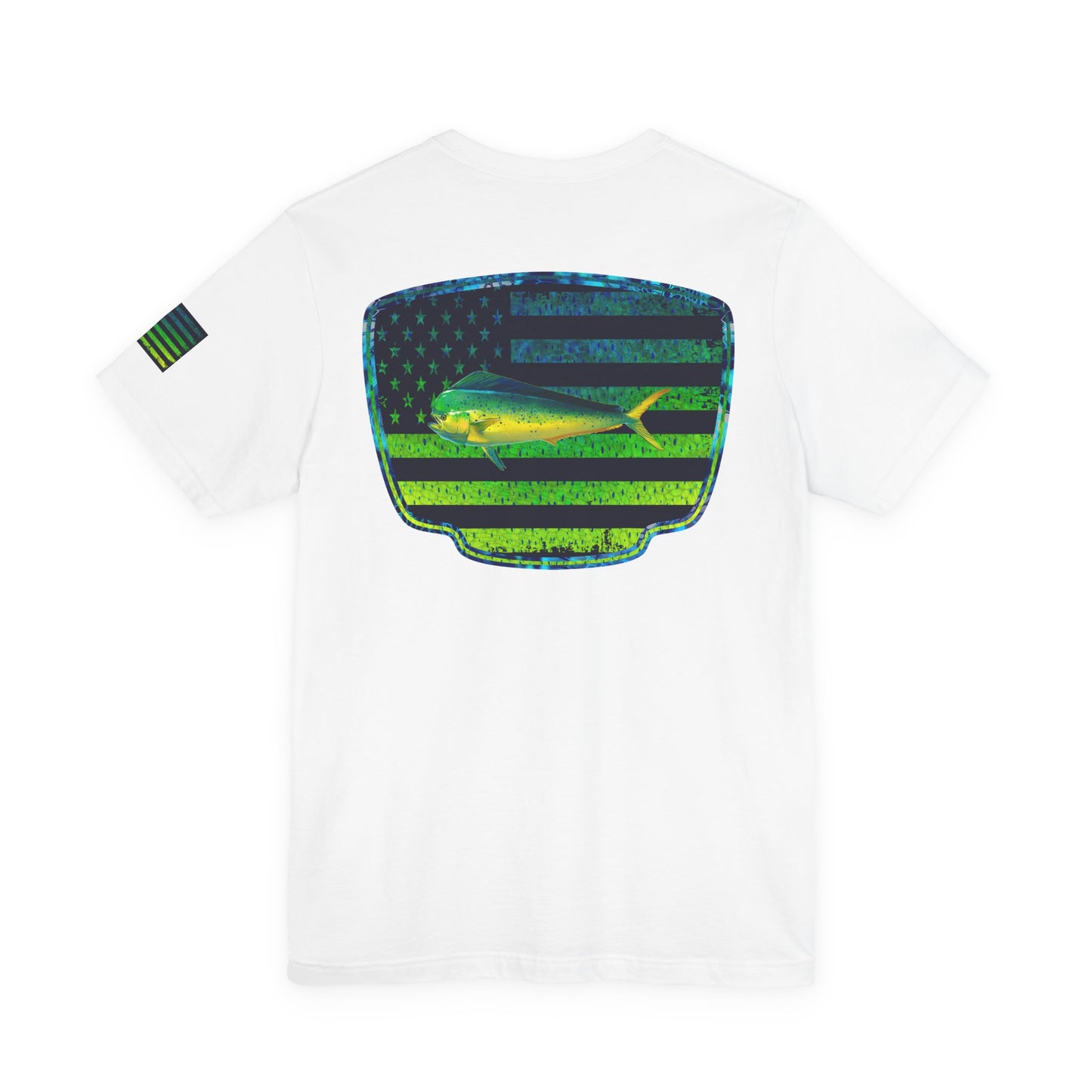 Patriotic Mahi Mahi Flag Tee – Grunge Fishing Badge Shirt for Outdoor Lovers