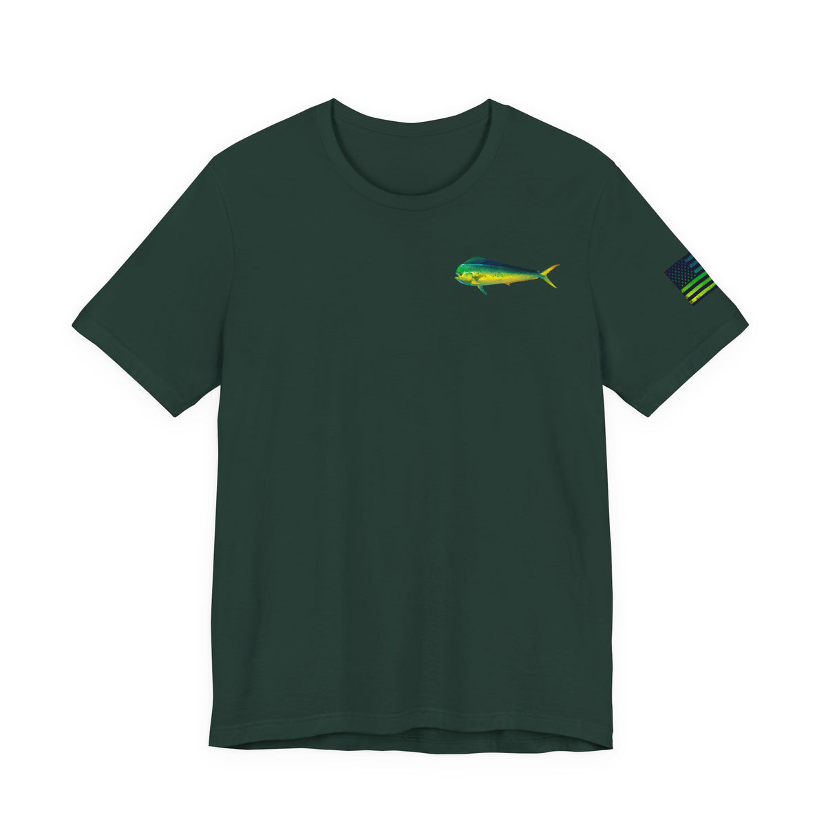 Mahi Mahi Badge Tee with Blackout Flag – Patriotic Saltwater Fishing Shirt