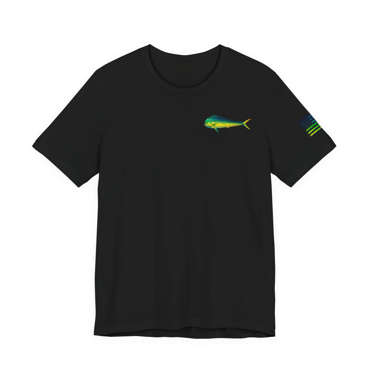 Mahi Mahi Badge Tee with Blackout Flag – Patriotic Saltwater Fishing Shirt