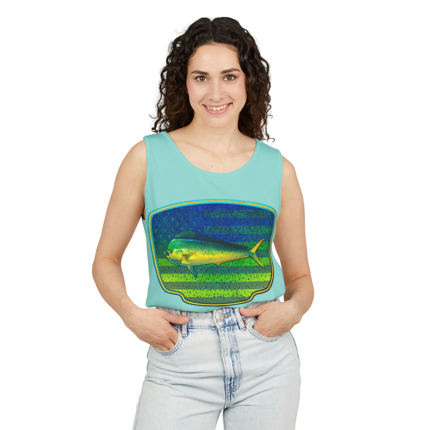 American Mahi Mahi Graphic Tank Top, Summer Apparel, Outdoors Shirt, Fishing Gear, Beachwear, Gifts for Anglers