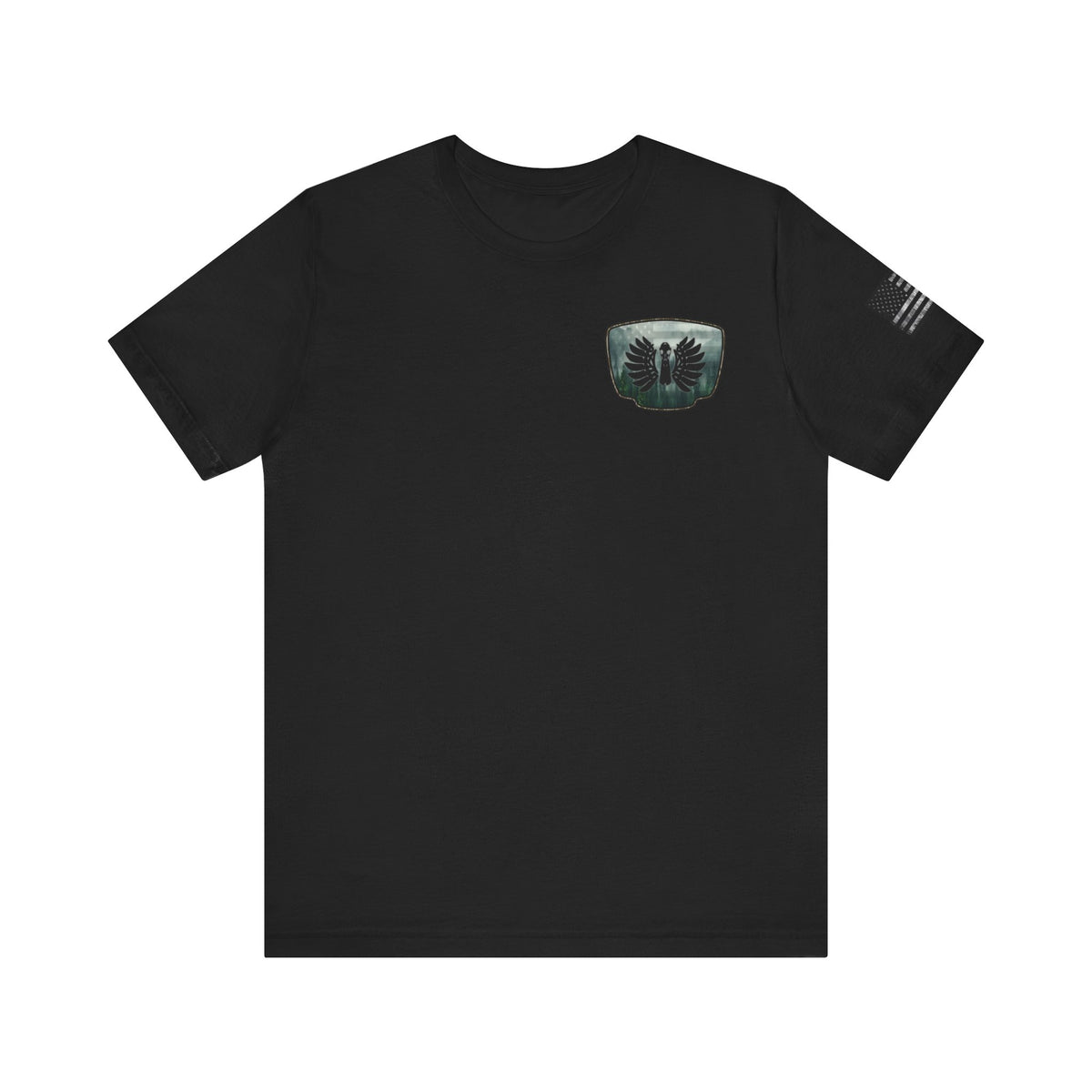 The Forest Duck Hunt Badge T-Shirt – Mossy Camo Print, Crossed Guns & Duck Skull Graphic