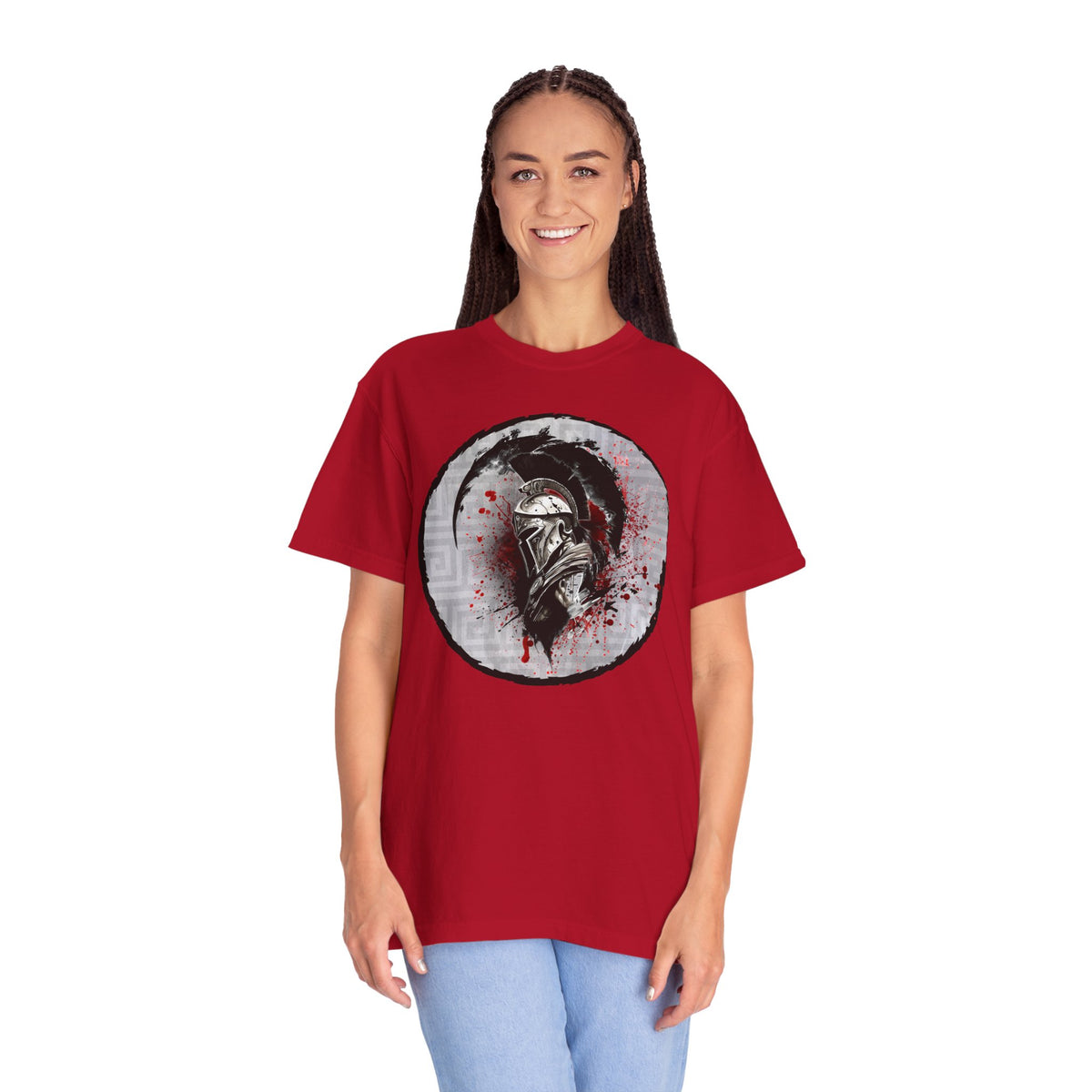 Spartan Warrior T-Shirt – Greek Helmet Circle Design Front & Spear Back | Warrior Graphic Tee