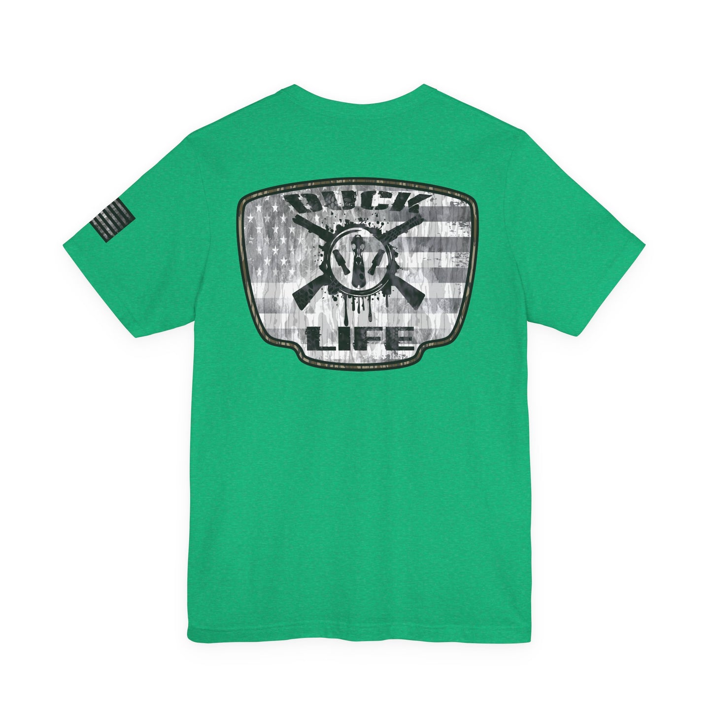 White American Flag Duck Hunting Badge T-Shirt – Mossy Camo Print, Crossed Guns & Duck Skull Graphic