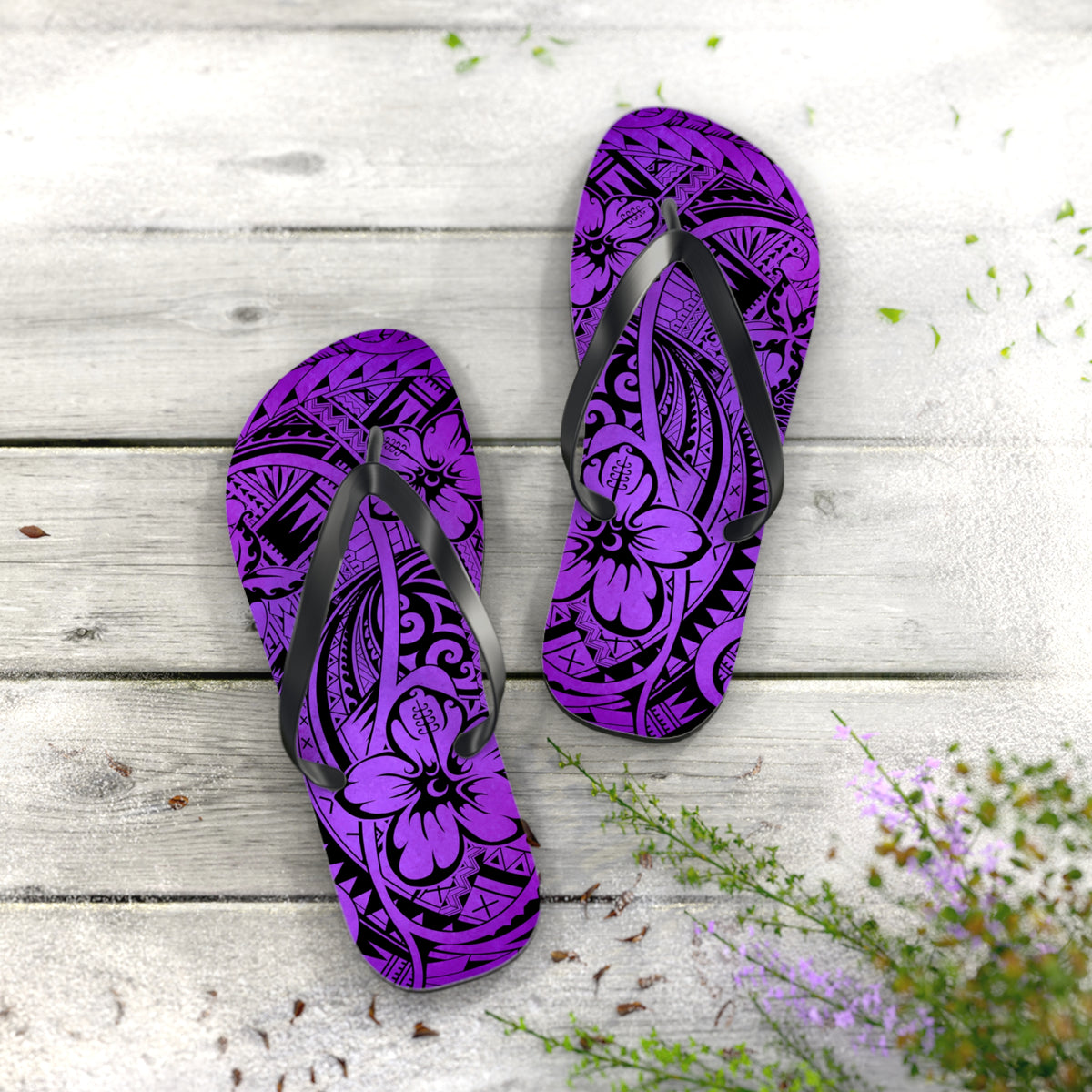 Polynesian Purple Floral Flip Flops, Summer Sandals, Beach Footwear, Vacation Essentials, Casual Footwear