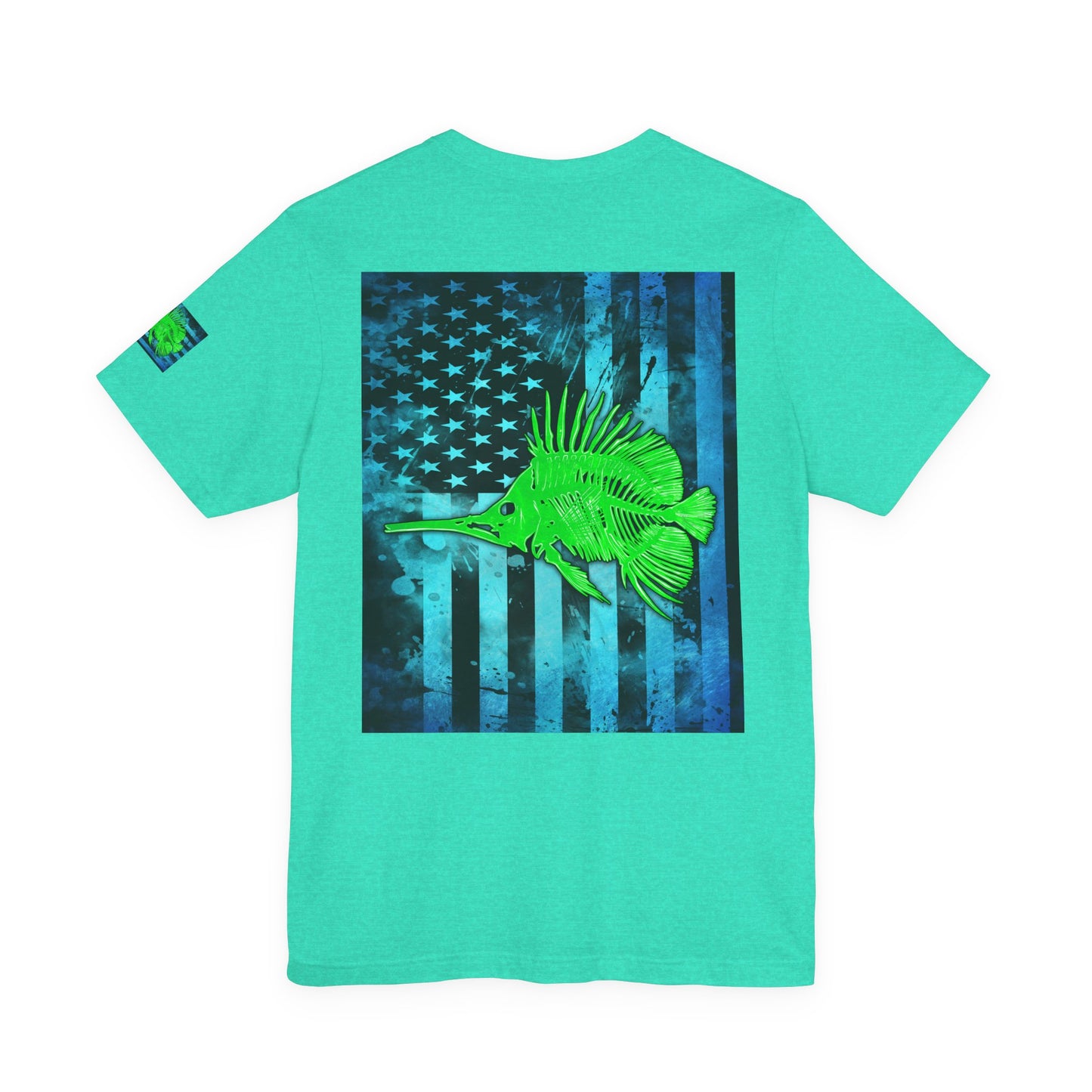 Green Fish Grunge American Flag Tee, Patriotic USA Shirt, Vintage American Flag