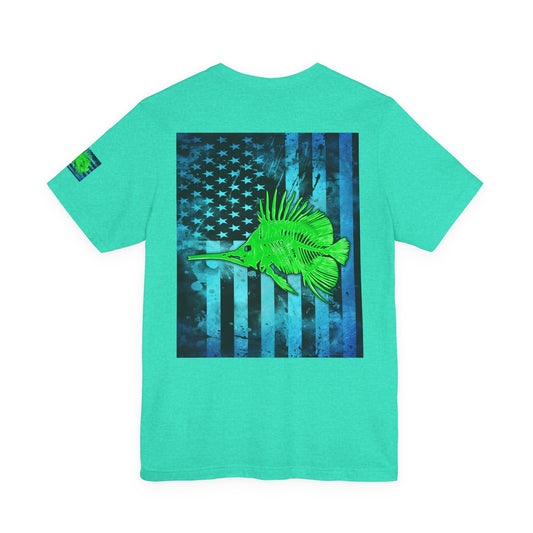 Green Fish Grunge American Flag Tee, Patriotic USA Shirt, Vintage American Flag