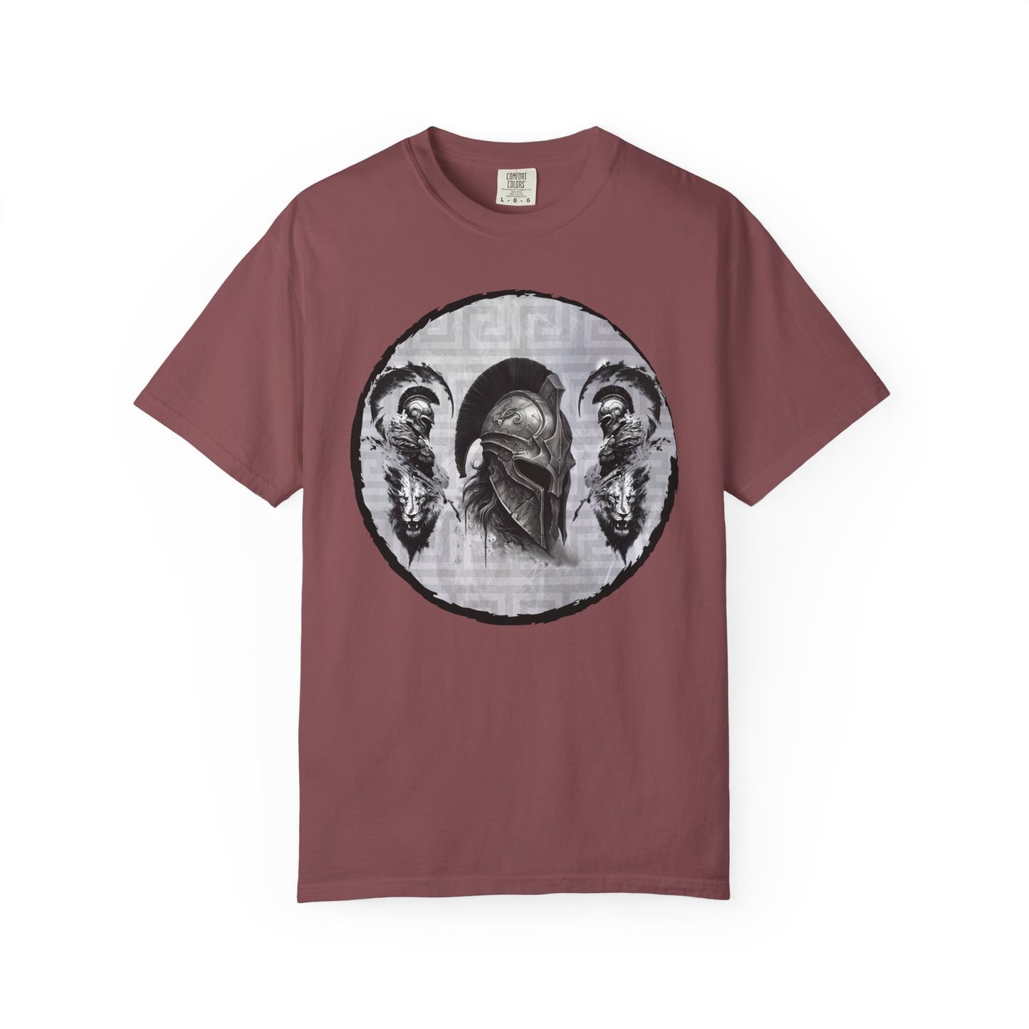 Spartan Warrior T-Shirt – Greek Helmet Circle Design Front & Spear Back | Warrior Graphic Tee