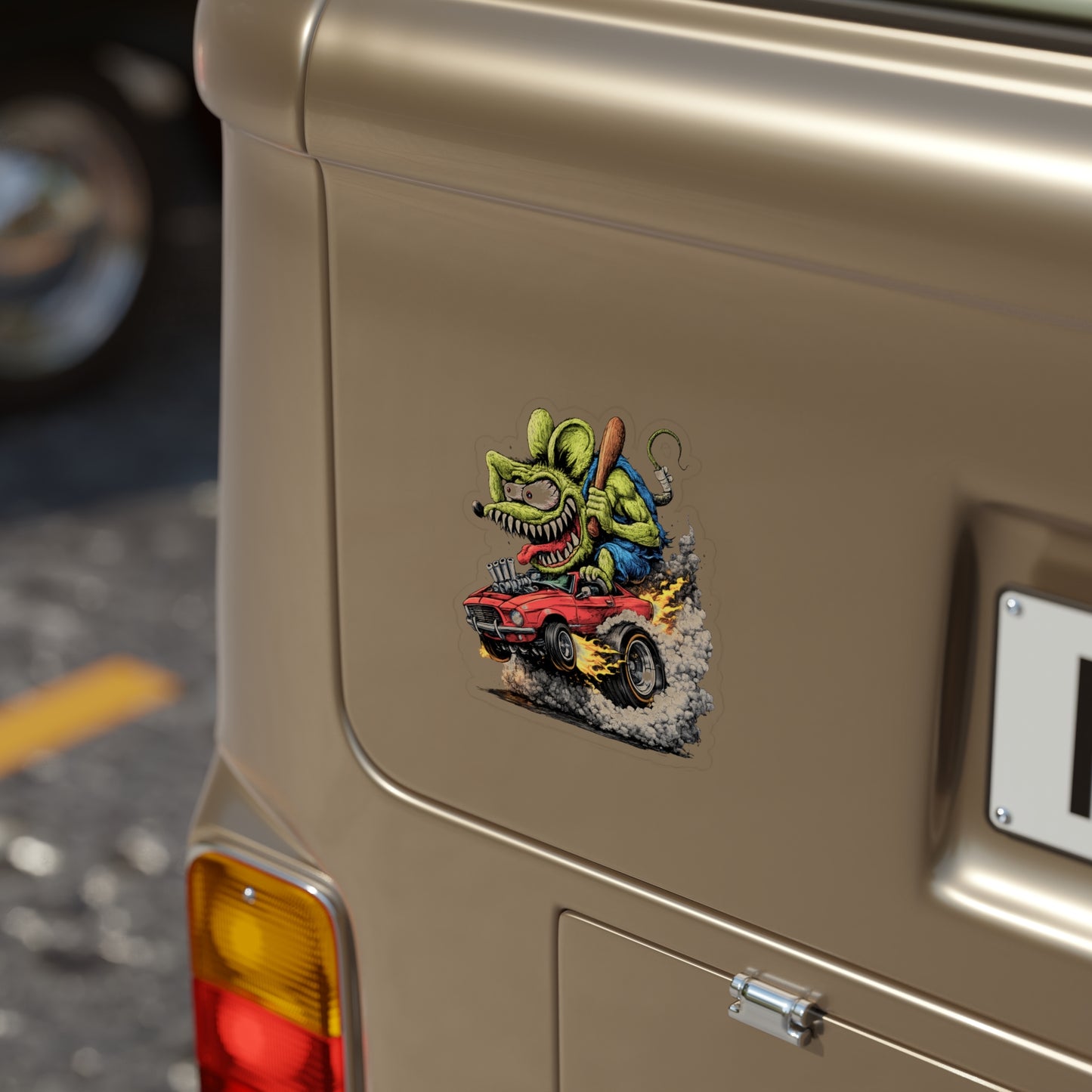 Rat Fink Sticker — Hot Rod Driving Mouse on Red Muscle Car (Outdoor Transparent)