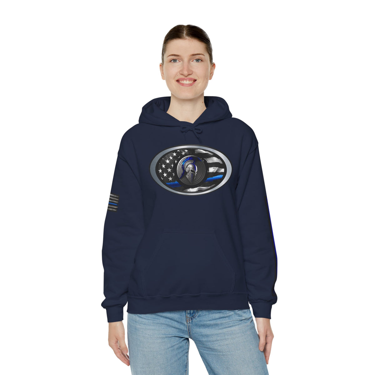 Spartan Thin Blue Line Flag Hoodie – Warrior Helmet Patriotic Sweatshirt for Police Supporters