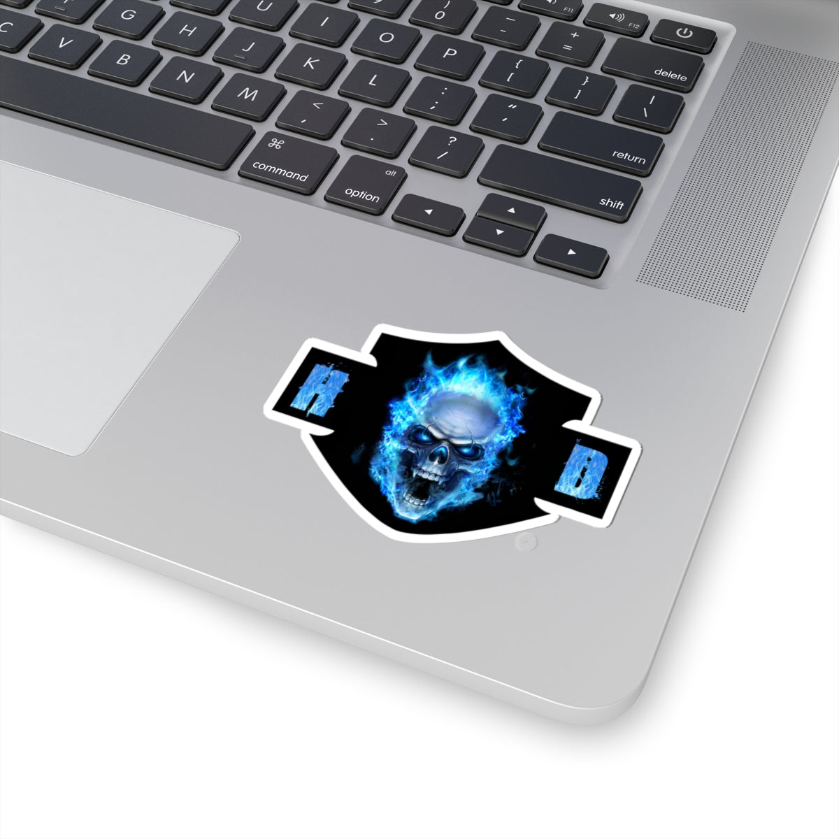 Harley Blue Fire Skull Biker Emblem | Bold Motorcycle Graphic for Decals, Shirts, or Garage Art, ArtKiss-Cut Stickers
