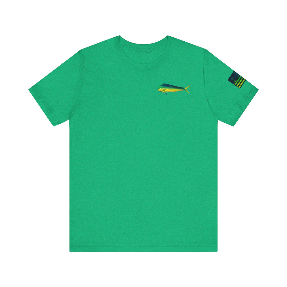 Mahi Mahi Badge Tee with Blackout Flag – Patriotic Saltwater Fishing Shirt