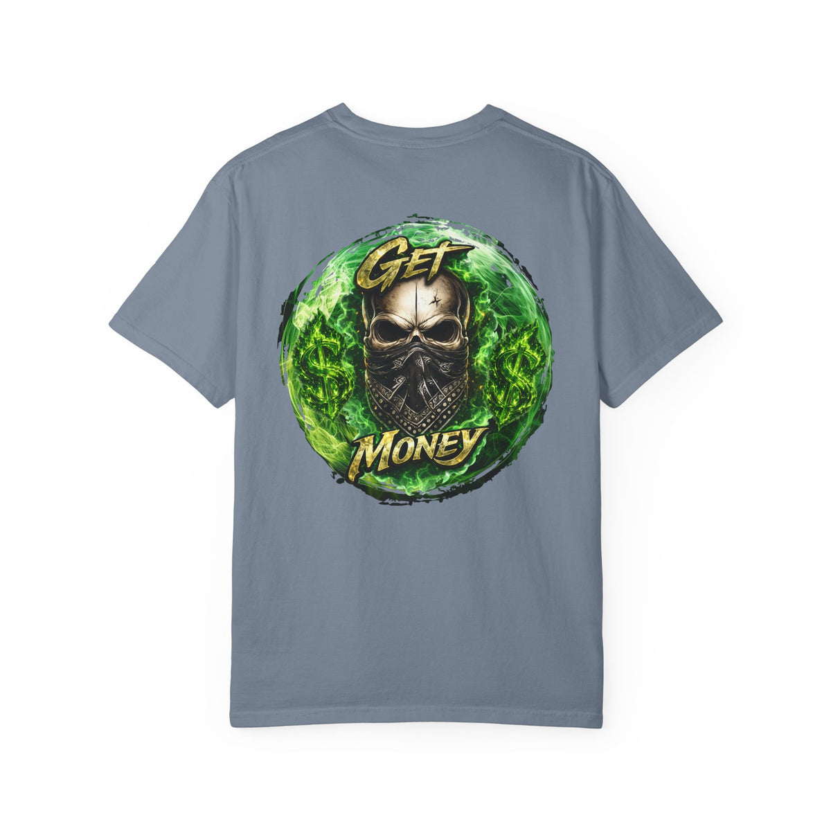 Get Money Skull Graphic Tee – Green Flame Dollar Sign Hustle Streetwear Shirt