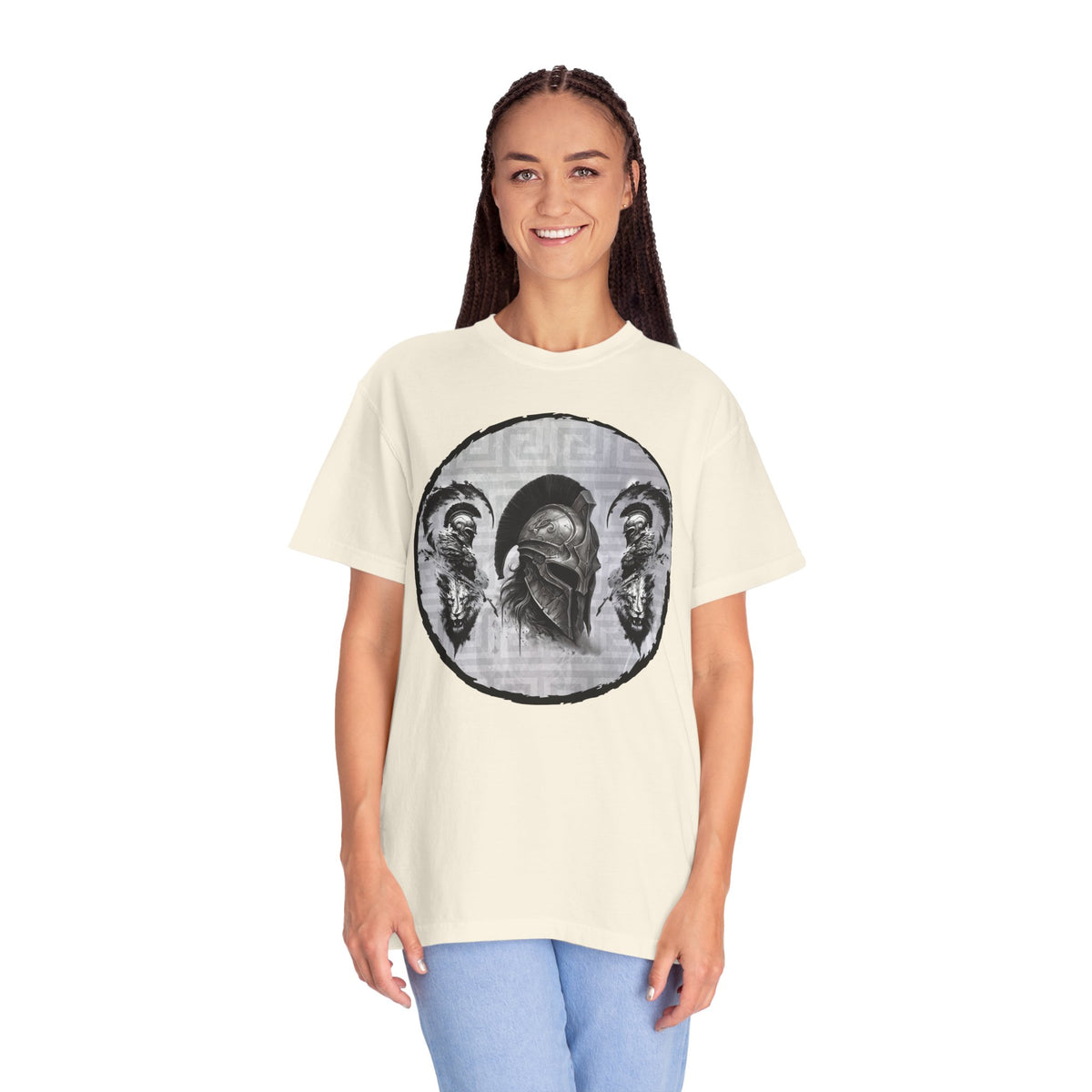 Spartan Warrior T-Shirt – Greek Helmet Circle Design Front & Spear Back | Warrior Graphic Tee