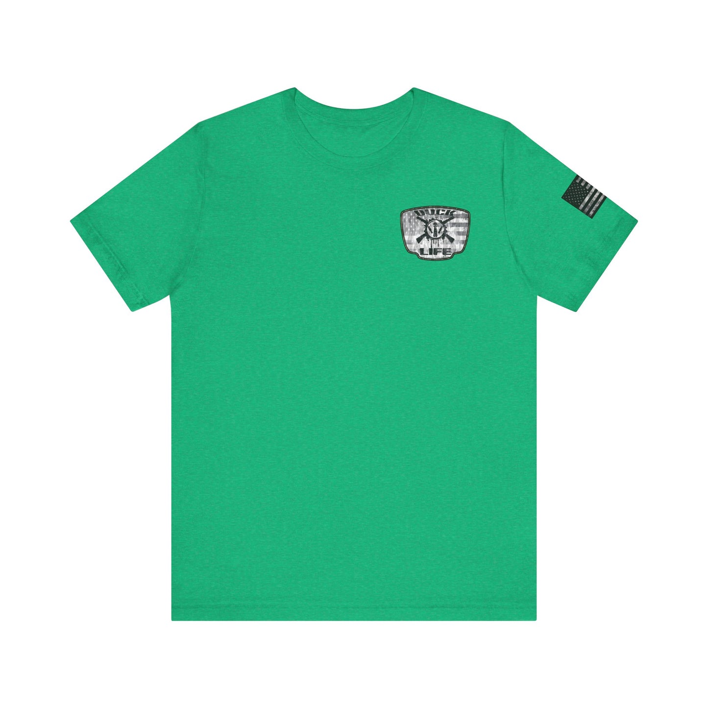 White American Flag Duck Hunting Badge T-Shirt – Mossy Camo Print, Crossed Guns & Duck Skull Graphic