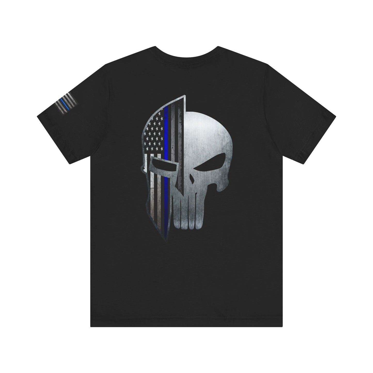 Grunge Metal Spartan Thin Blue Line American Flag T-Shirt – Honor & Valor Police Tribute Tee
